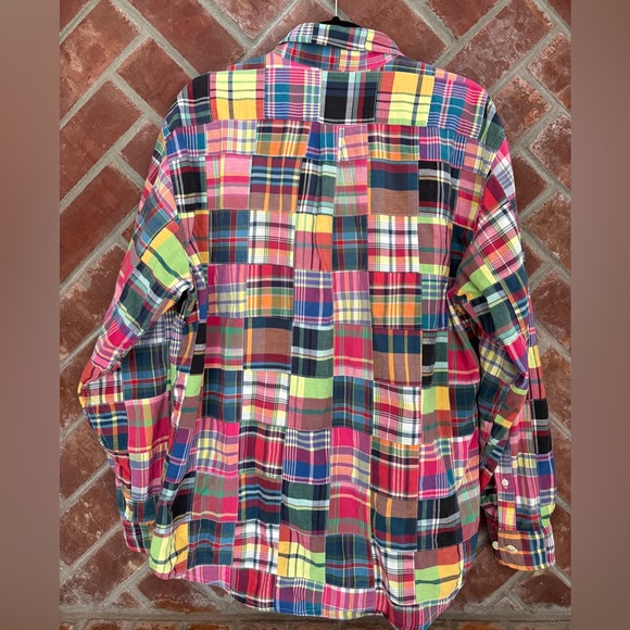 Brooks Brothers Shirt Mens Large Patchwork Madras Plaid 346 Cotton Red Blue Pink - Picture 2 of 8